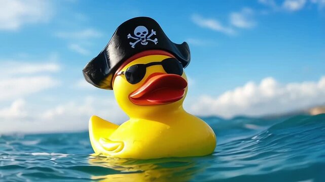 a yellow rubber duck wearing a pirate hat and an eye patch, floating in the blue ocean