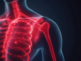 Closeup of severe shoulder pain, red glowing area, dark background, high-resolution medical illustration