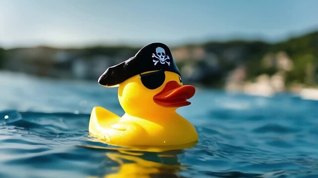 a yellow rubber duck wearing a pirate hat and an eye patch, floating in the blue ocean