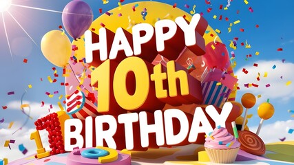 Happy 10th birthday with confetti and colorful letters