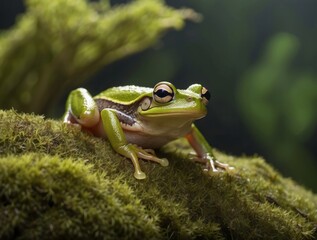 Obraz premium Green Tree Frog Perched on Mossy Branch