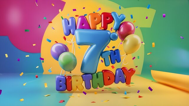 Happy 7th birthday with balloons and cake