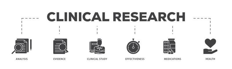 Clinical research icon infographic illustration concept with icon of analysis, evidence, clinical study, effectiveness, medications and health icon live stroke and easy to edit 