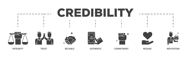 Credibility icon infographic illustration concept with icon of integrity, trust, reliable, authentic, commitment, regard, and reputation icon live stroke and easy to edit 