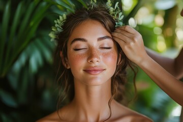 Fototapeta premium Woman with flower crown enjoying nature moment 