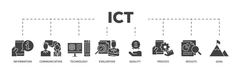 ICT icon infographic illustration concept with icon of antenna, radio, network, website, database, cloud, server, data, electronic, and processor icon live stroke and easy to edit 