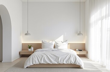 Minimalist bedroom design, natural light, white bedding, stylish furnishings, tranquility, versatile for home decor, interior design, National Hispanic Heritage Month, copy space.
