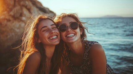 Fototapeta premium Female friends smiling while sitting against sea