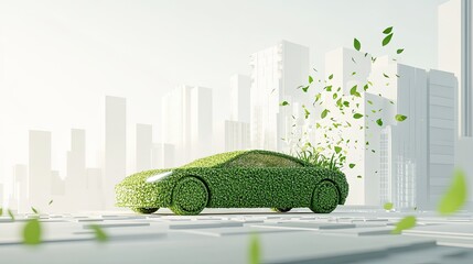 Sleek Car Made of Green Grass Speeding Forward with Grass Blades Flying, Set Against a Futuristic Cityscape. A Bright Scene Emphasizing Eco-Friendly Technology and Environmental Sustainability