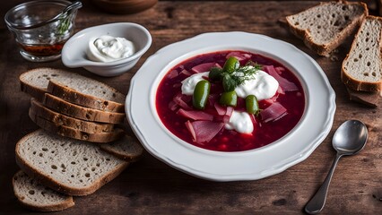 A serving of russian borscht with sour cream rye bread and pickles on a wooden table, AI Generated