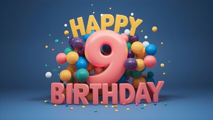 Happy 9th birthday with playful balloons and confetti