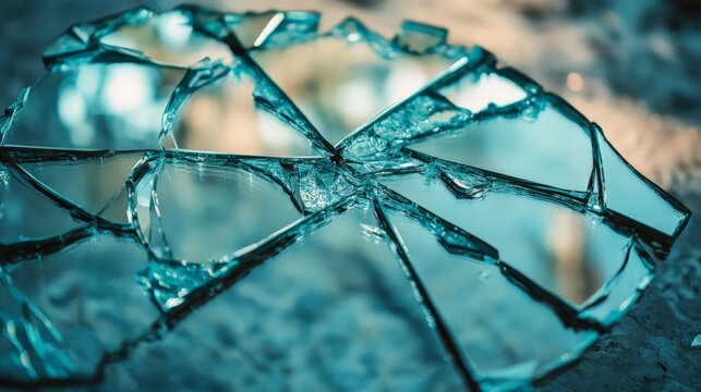 Close-up of shattered glass pieces arranged on a reflective surface with a soft, blurred background, creating an abstract, artistic effect.