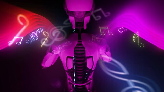 Three dimensional high tech animation of humanoid robot like orchestre conductor. Sheet music neon overlay