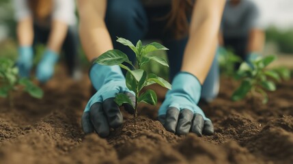 Close-up of hands planting a green seedling in the soil, symbolizing new beginnings and environmental responsibility. Perfect for eco-friendly content.