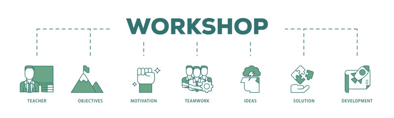 Workshop icon infographic illustration concept with icon of teacher, objectives, motivation, teamwork, ideas, solution, and development icon live stroke and easy to edit 