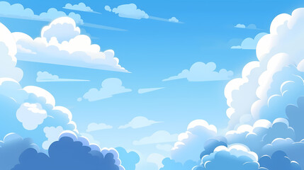Blue sky with clouds. Anime style background with shining sun and white fluffy clouds. Sunny day sky scene cartoon vector illustration.