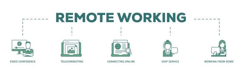 Remote working icon infographic illustration concept with icon of video conference, telecommuting, connecting online, voip, and working from home icon live stroke and easy to edit 
