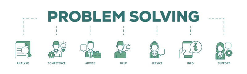 Problem solving icon infographic illustration concept with icon of analysis, critical thinking, creativity, emotional intelligence, research, team building  icon live stroke and easy to edit 