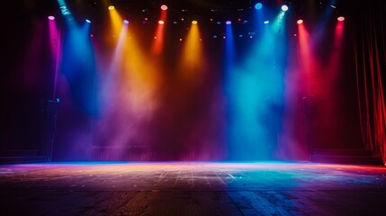A stage illuminated by colorful spotlights