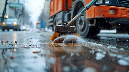 close-up of a street cleaning vehicle's brush on a tidy city street