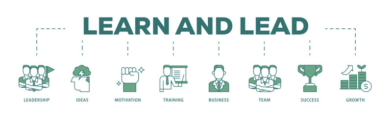 Learn and lead icon infographic illustration concept with icon of leadership, ideas, motivation, training, business, team, success, and growth icon live stroke and easy to edit 