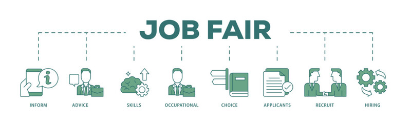 Job fair icon infographic illustration concept with icon of the information, advice, skills, occupational, applicants, recruit, and hiring icon live stroke and easy to edit 