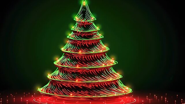 futuristic glowing green christmas tree , digital technology electronic programming neon code with green lines and dots, science and technology, Glowing rays with flickering particles , New year 