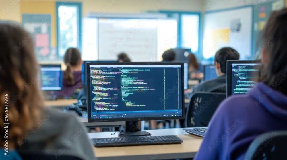 Wall mural students engaged in learning programming cioding skills, high school environment with focused studen