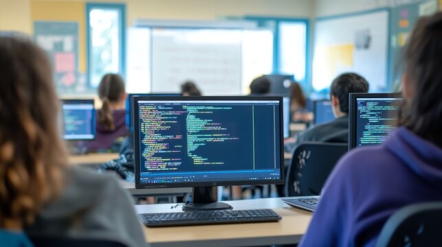 Students engaged in learning programming cioding skills, high school environment with focused students on digital screens, developing future software engineers in tech-driven education
