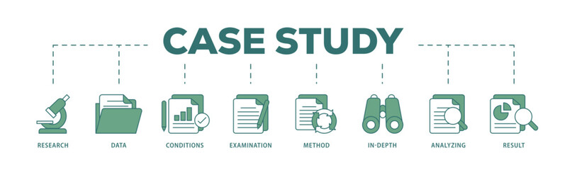 Case study icon infographic illustration concept with icon of research, data, conditions, examination, method, in depth, analyzing, and result icon live stroke and easy to edit 