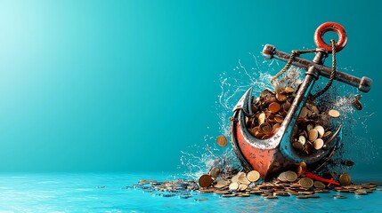 Obraz premium A 3D illustration of economic stability, depicting an anchor with coins, symbolizing firmness and consistency in financial markets, with generous copy space.