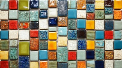 Top view of a mosaic tile pattern with a combination of glass and ceramic pieces in vibrant colors, arranged on a kitchen backsplash