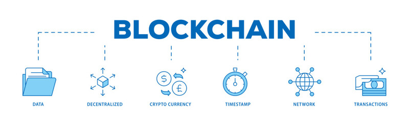 Blockchain icon infographic illustration concept with icon of data, decentralized, crypto currency, timestamp, network and transactions icon live stroke and easy to edit 