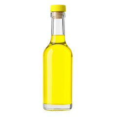 A Clear Glass Bottle Filled with a Vibrant Yellow Liquid, Featuring a Yellow Cap and a Cork, Isolated Against a Black Background