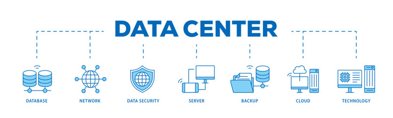 Data center icon infographic illustration concept with icon of database, network, data security, server, backup, cloud and technology icon live stroke and easy to edit 