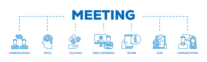 Meeting icon infographic illustration concept with icon of communications, topics, solutions, plan, inform and video conference  icon live stroke and easy to edit 