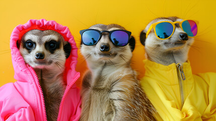 A bunch of meerkats wearing colorful, stylish clothing are isolated on a solid background for an advertisement with copy space. banner for an invitation to a birthday party.