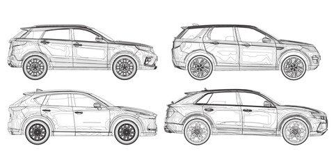 Set of contours different models of cars. Vector flat style illustration. Side view car vector illustration