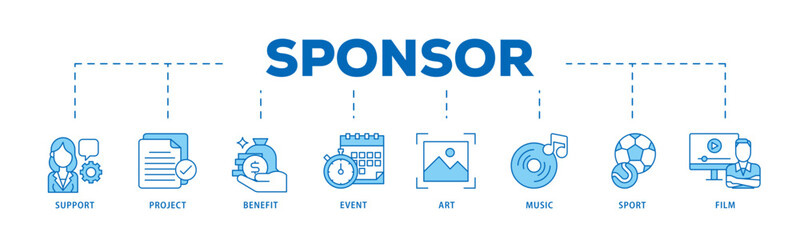 Sponsor icon infographic illustration concept with icon of film, sport, event, music, art, benefit, project, support icon live stroke and easy to edit 