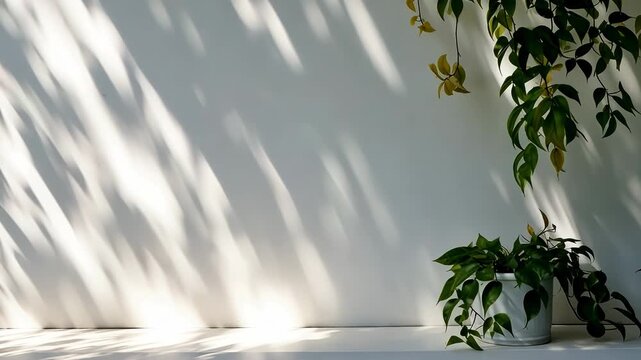  Empty template Bali style white grey wall background for text, green exotic foliage, palm bananas leaves, copyspace with shiny sunlight rays