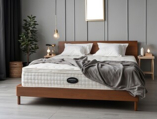 Wooden Bed Frame with White Mattress and Gray Blanket