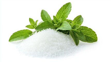 stevia plant with stevia powder on white background