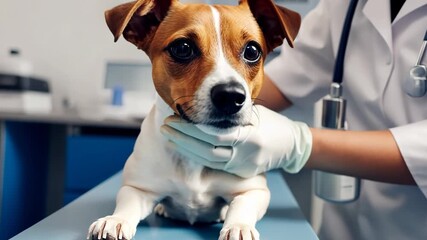Cropped image of veterinarian doctor holding cute dog puppy in arms in veterinary clinic, 
