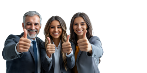 A vibrant and cheerful image of three business professionals giving a thumbs-up isolated in transparent background.