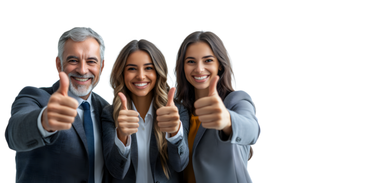 A vibrant and cheerful image of three business professionals giving a thumbs-up isolated in transparent background.