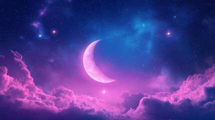 pastel pink and purple and blue sky space background with a small moon in the center left of the image and stars in background, in the style of 'the grinch.