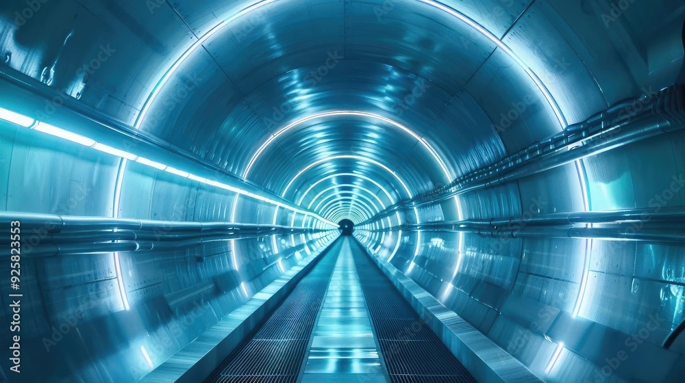 Poster futuristic tunnel with blue neon lights creating a mesmerizing, immersive atmosphere for modern tech