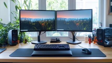 Naklejka premium Desk setup with ergonomic keyboard and mouse, wrist rests, and dual monitors at eye level, workplace ergonomics, office syndrome solutions