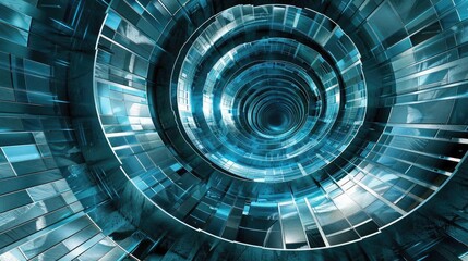 Naklejka premium Abstract tunnel design with a futuristic aesthetic, featuring circular patterns and a blend of blue tones that evoke depth and movement.