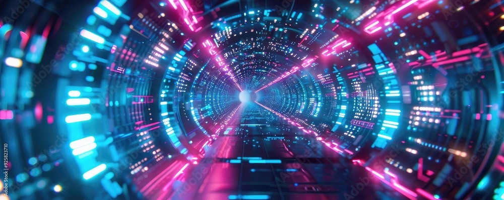 Poster futuristic tunnel with vibrant blue and pink neon lights, creating a mesmerizing visual effect. perf